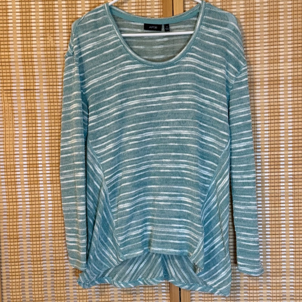 Apt. 9 Womens Teal White Striped Sharkbite Hem Knit Sweater Top Size M Coastal